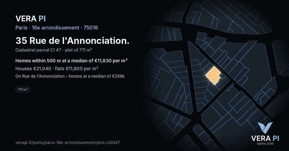 35 Rue de l'Annonciation, 16e arrondissement at night – the plot lit, the parcels around coloured by the prices near them