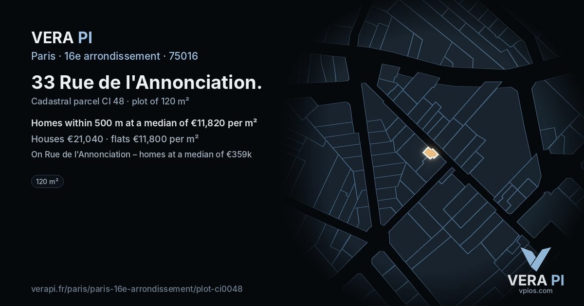 33 Rue de l'Annonciation, 16e arrondissement at night – the plot lit, the parcels around coloured by the prices near them