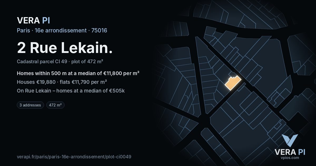 2 Rue Lekain, 16e arrondissement at night – the plot lit, the parcels around coloured by the prices near them