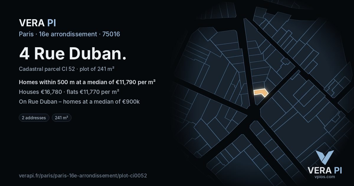 4 Rue Duban, 16e arrondissement at night – the plot lit, the parcels around coloured by the prices near them