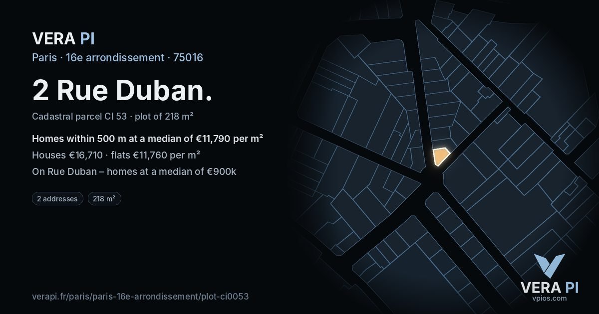 2 Rue Duban, 16e arrondissement at night – the plot lit, the parcels around coloured by the prices near them