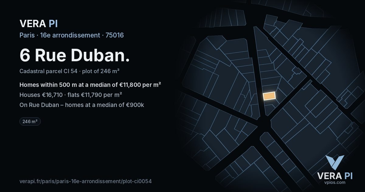 6 Rue Duban, 16e arrondissement at night – the plot lit, the parcels around coloured by the prices near them