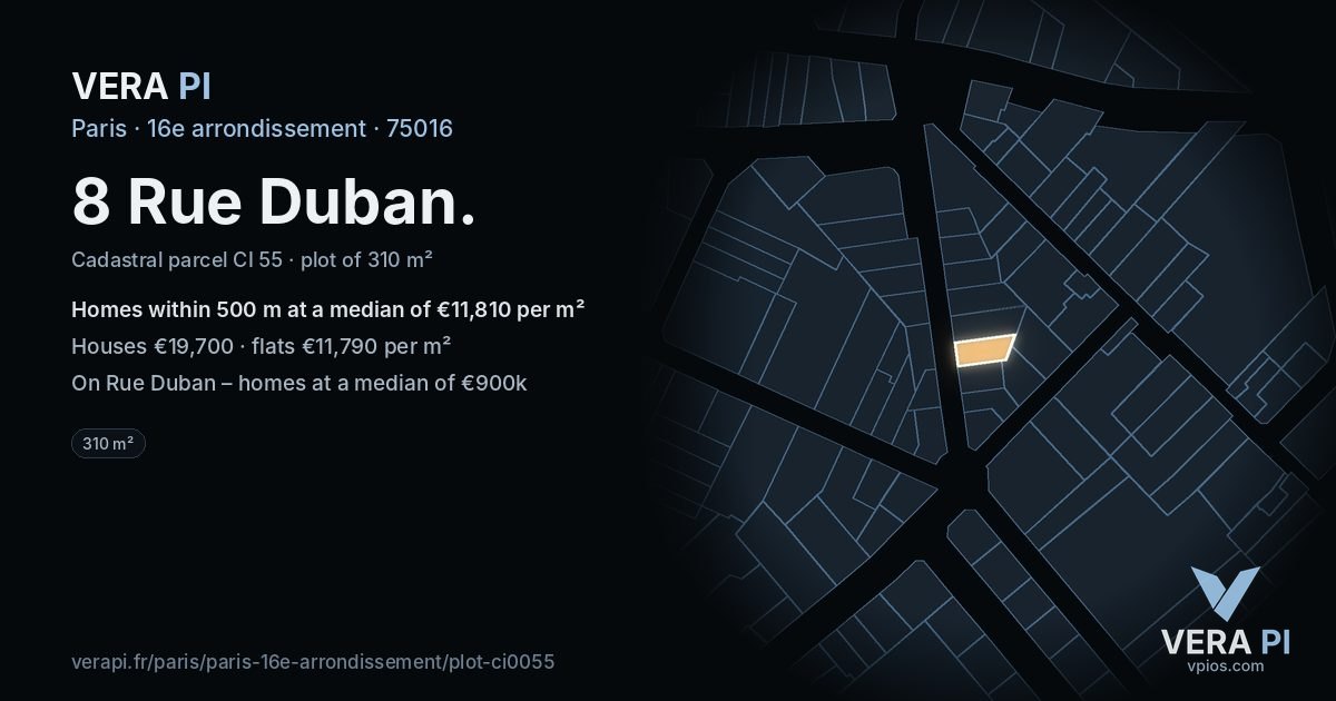 8 Rue Duban, 16e arrondissement at night – the plot lit, the parcels around coloured by the prices near them