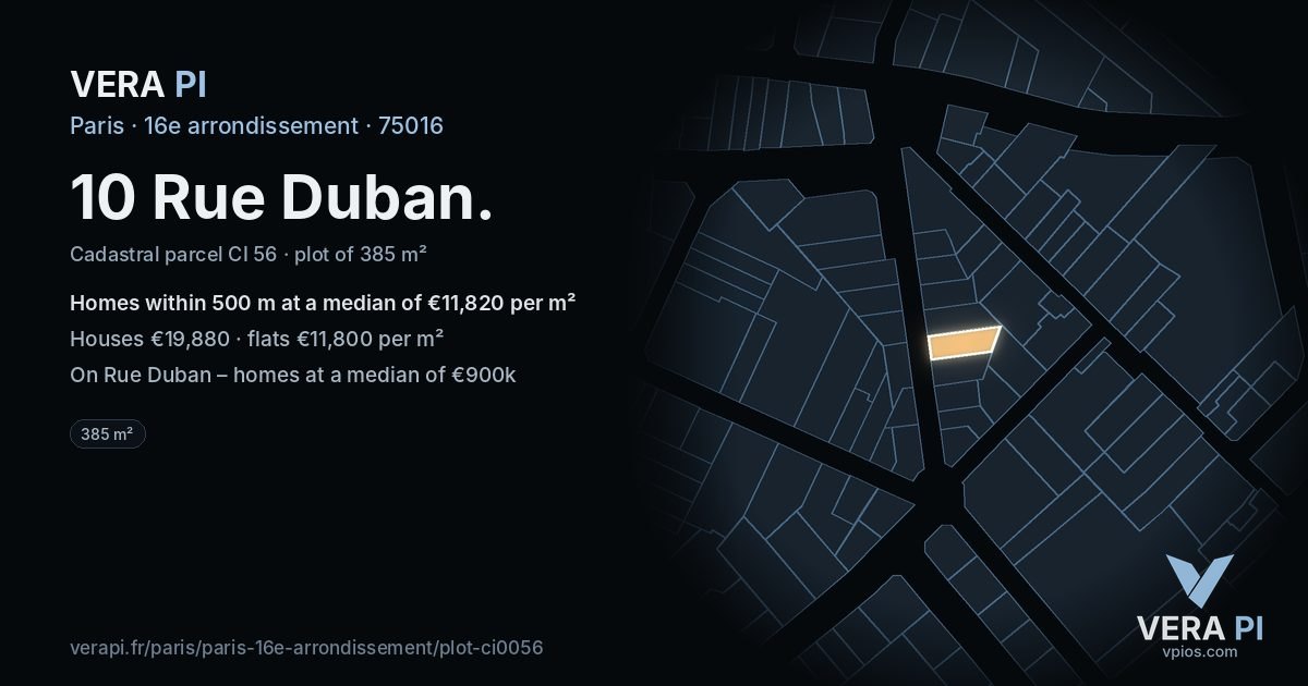 10 Rue Duban, 16e arrondissement at night – the plot lit, the parcels around coloured by the prices near them
