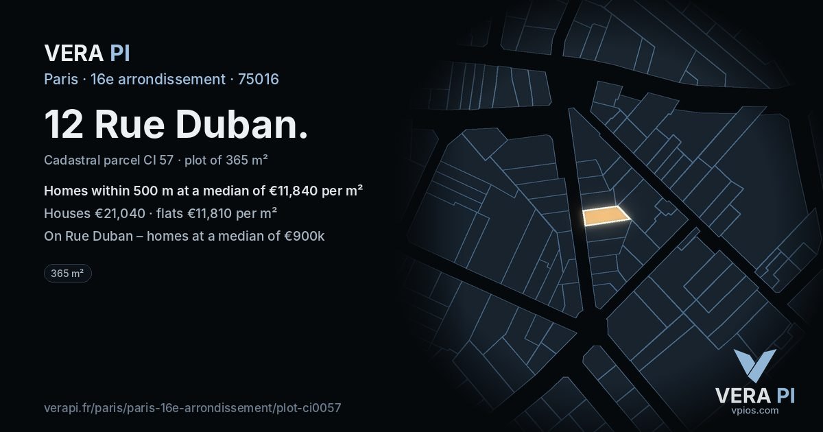 12 Rue Duban, 16e arrondissement at night – the plot lit, the parcels around coloured by the prices near them