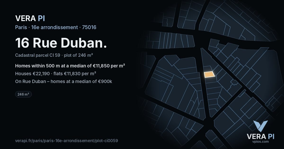 16 Rue Duban, 16e arrondissement at night – the plot lit, the parcels around coloured by the prices near them