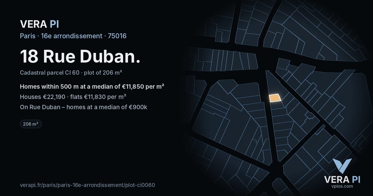 18 Rue Duban, 16e arrondissement at night – the plot lit, the parcels around coloured by the prices near them