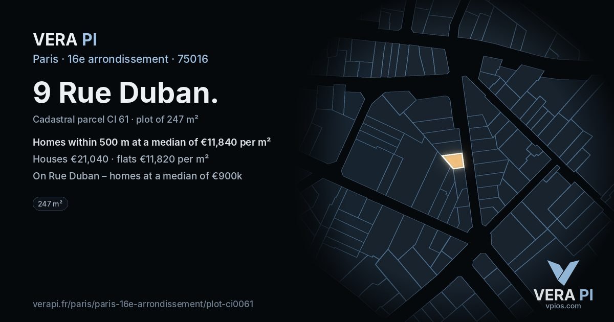9 Rue Duban, 16e arrondissement at night – the plot lit, the parcels around coloured by the prices near them