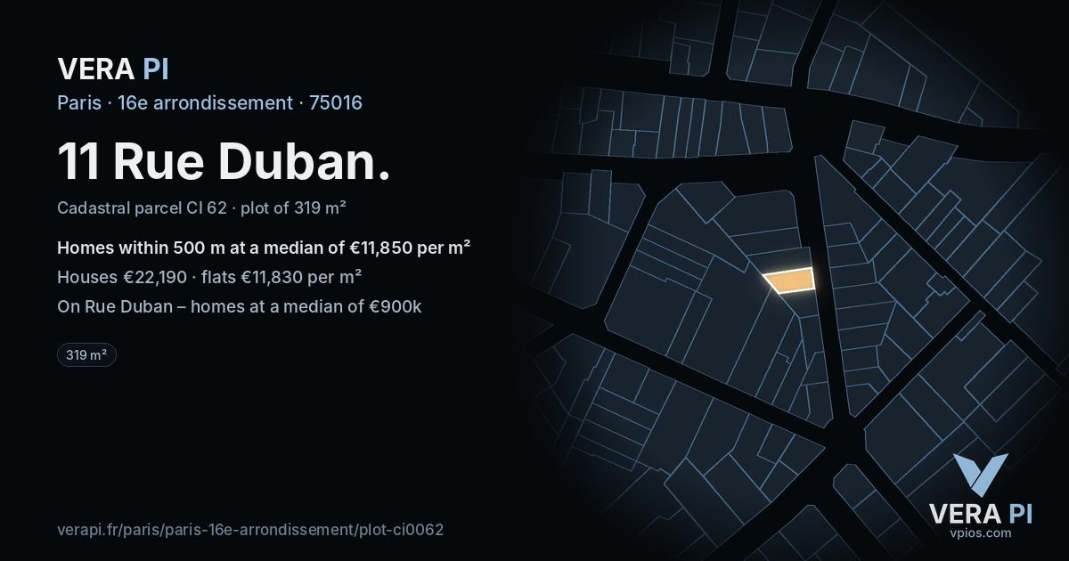 11 Rue Duban, 16e arrondissement at night – the plot lit, the parcels around coloured by the prices near them