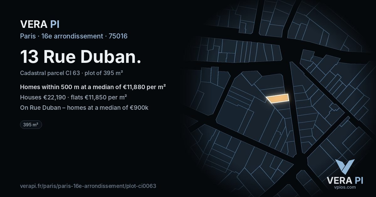 13 Rue Duban, 16e arrondissement at night – the plot lit, the parcels around coloured by the prices near them