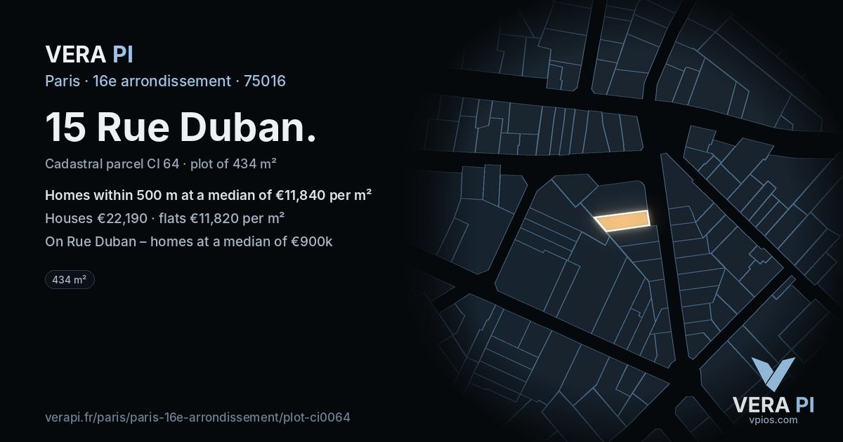 15 Rue Duban, 16e arrondissement at night – the plot lit, the parcels around coloured by the prices near them