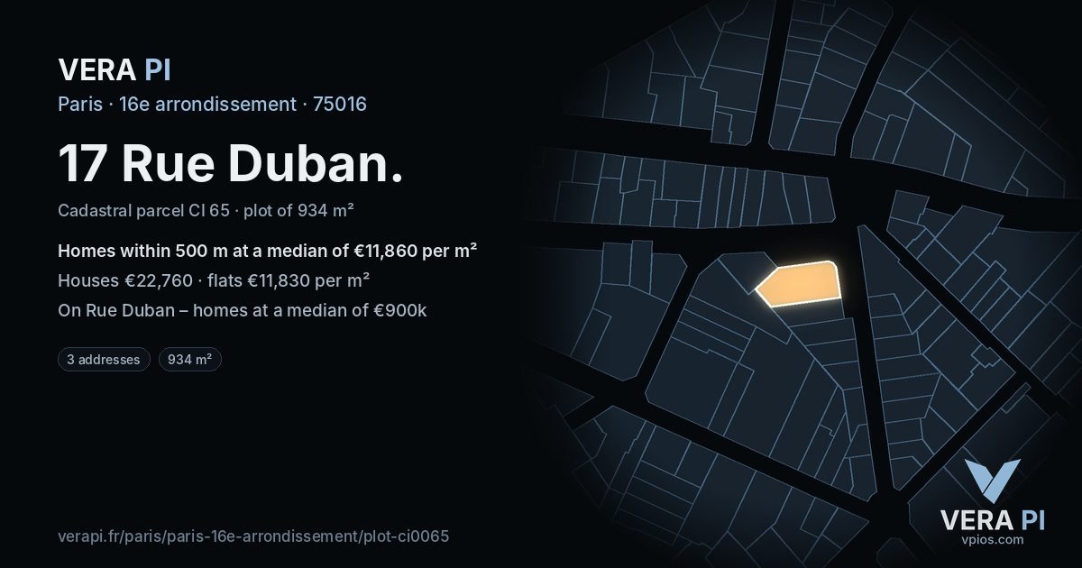 17 Rue Duban, 16e arrondissement at night – the plot lit, the parcels around coloured by the prices near them