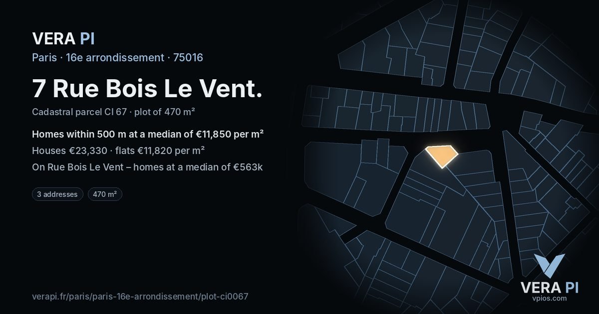 7 Rue Bois Le Vent, 16e arrondissement at night – the plot lit, the parcels around coloured by the prices near them