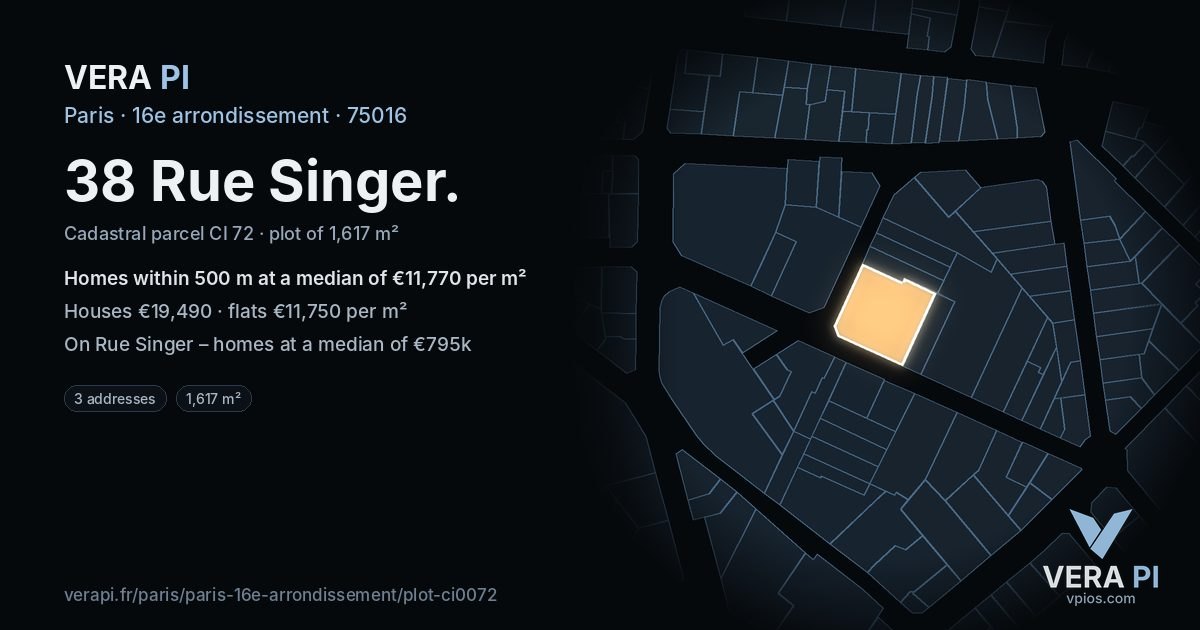 38 Rue Singer, 16e arrondissement at night – the plot lit, the parcels around coloured by the prices near them
