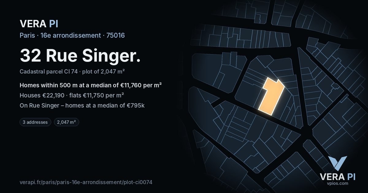32 Rue Singer, 16e arrondissement at night – the plot lit, the parcels around coloured by the prices near them