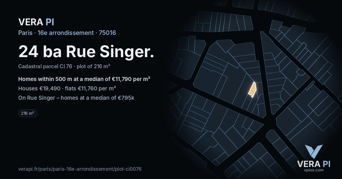 24 ba Rue Singer, 16e arrondissement at night – the plot lit, the parcels around coloured by the prices near them