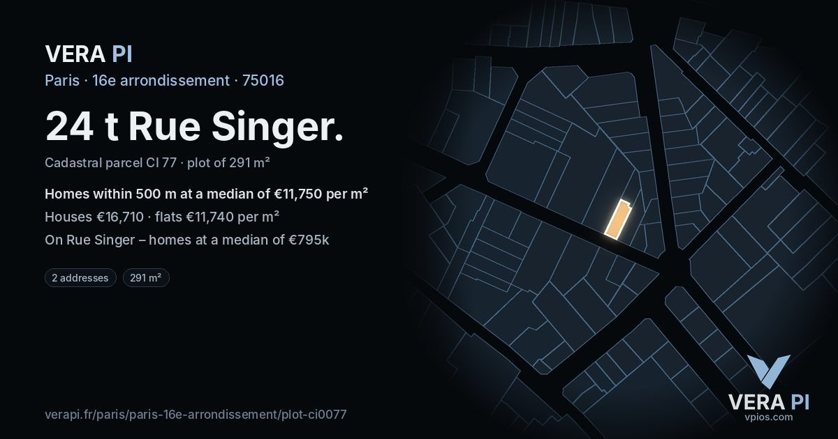 24 t Rue Singer, 16e arrondissement at night – the plot lit, the parcels around coloured by the prices near them