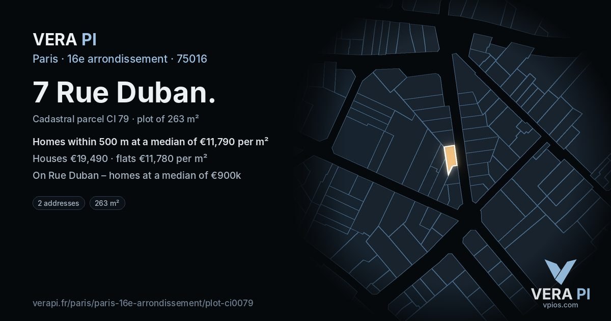 7 Rue Duban, 16e arrondissement at night – the plot lit, the parcels around coloured by the prices near them