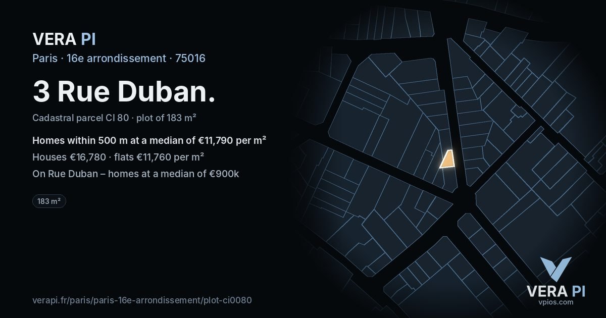 3 Rue Duban, 16e arrondissement at night – the plot lit, the parcels around coloured by the prices near them