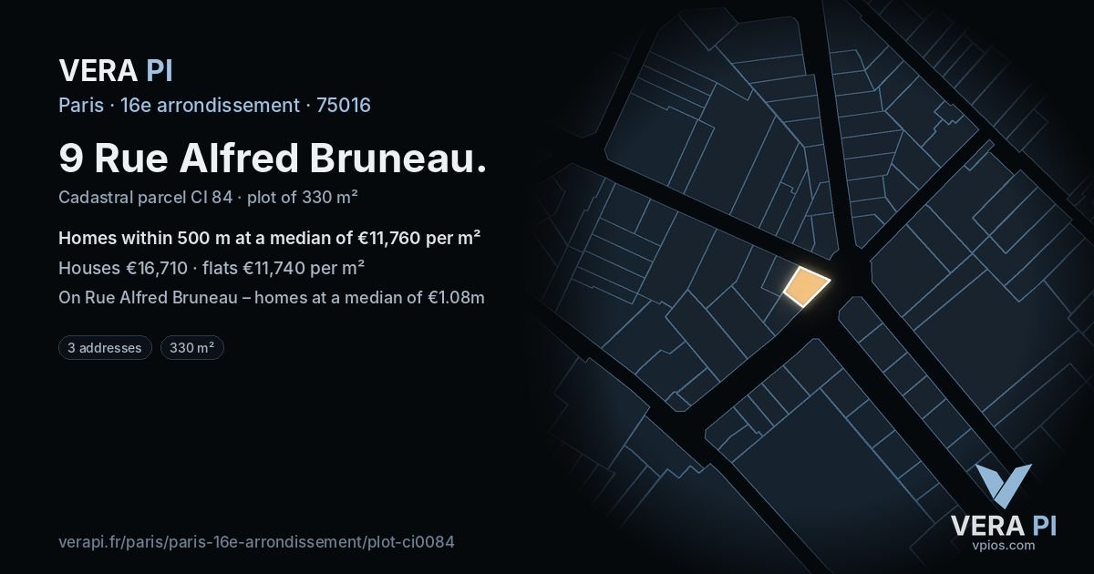 9 Rue Alfred Bruneau, 16e arrondissement at night – the plot lit, the parcels around coloured by the prices near them