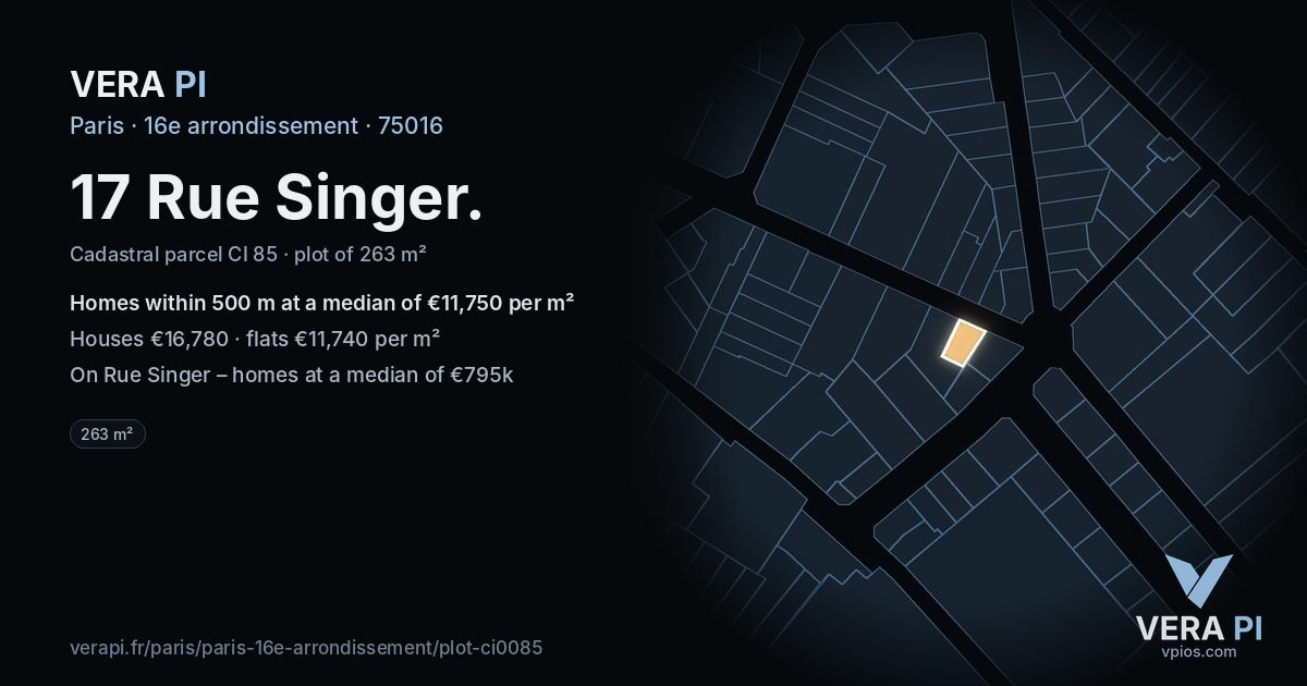 17 Rue Singer, 16e arrondissement at night – the plot lit, the parcels around coloured by the prices near them