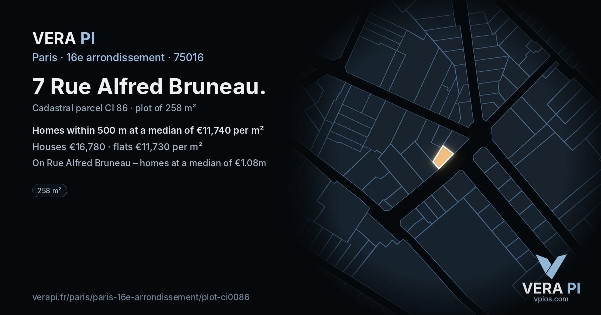 7 Rue Alfred Bruneau, 16e arrondissement at night – the plot lit, the parcels around coloured by the prices near them