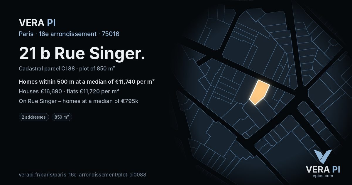 21 b Rue Singer, 16e arrondissement at night – the plot lit, the parcels around coloured by the prices near them