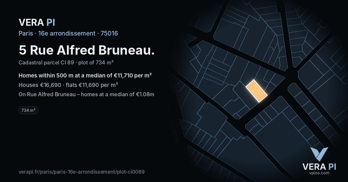 5 Rue Alfred Bruneau, 16e arrondissement at night – the plot lit, the parcels around coloured by the prices near them