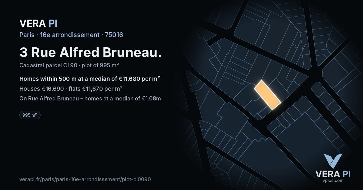 3 Rue Alfred Bruneau, 16e arrondissement at night – the plot lit, the parcels around coloured by the prices near them