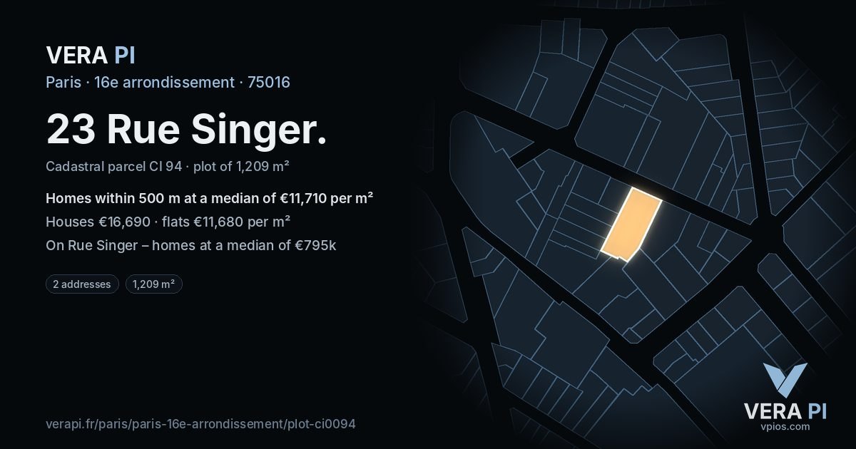 23 Rue Singer, 16e arrondissement at night – the plot lit, the parcels around coloured by the prices near them