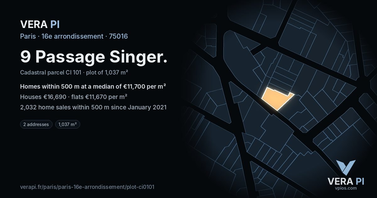 9 Passage Singer, 16e arrondissement at night – the plot lit, the parcels around coloured by the prices near them