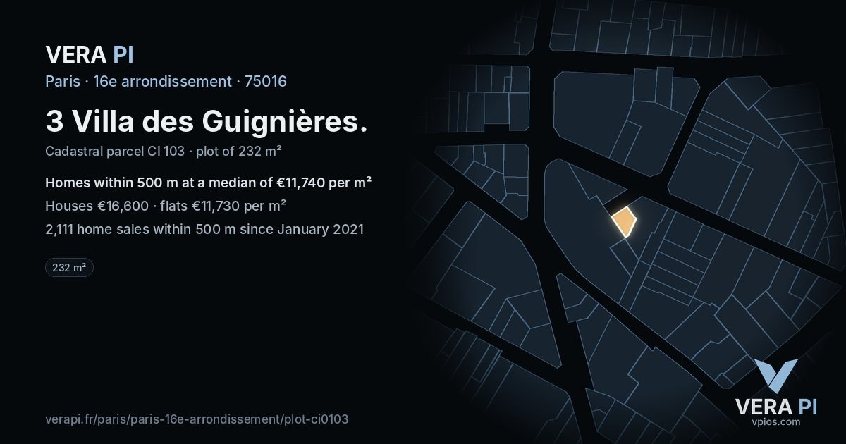 3 Villa des Guignières, 16e arrondissement at night – the plot lit, the parcels around coloured by the prices near them