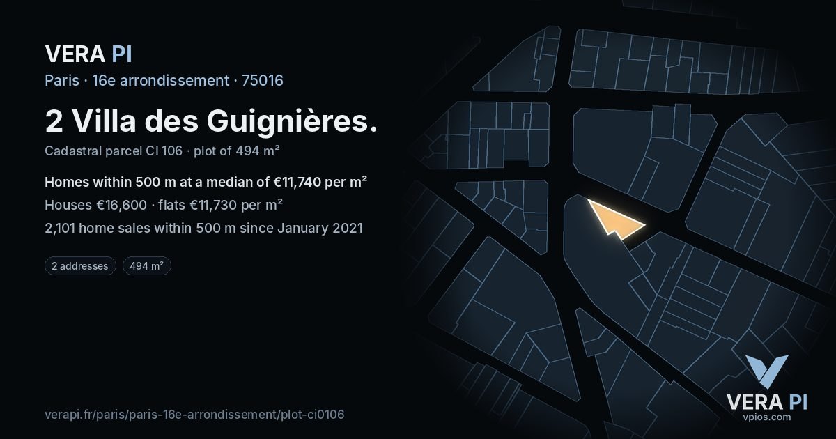 2 Villa des Guignières, 16e arrondissement at night – the plot lit, the parcels around coloured by the prices near them
