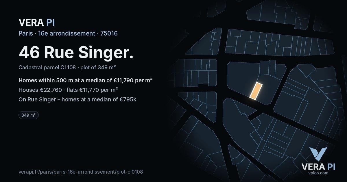 46 Rue Singer, 16e arrondissement at night – the plot lit, the parcels around coloured by the prices near them