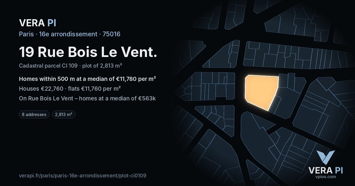19 Rue Bois Le Vent, 16e arrondissement at night – the plot lit, the parcels around coloured by the prices near them