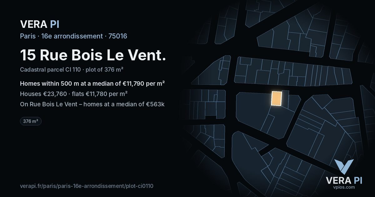 15 Rue Bois Le Vent, 16e arrondissement at night – the plot lit, the parcels around coloured by the prices near them