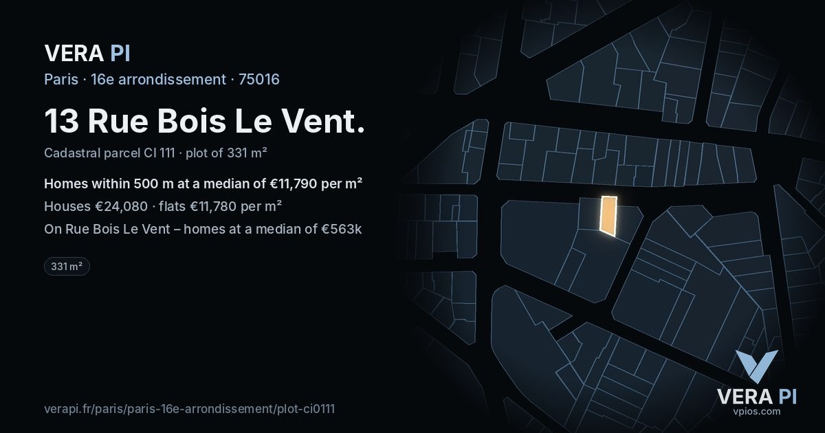 13 Rue Bois Le Vent, 16e arrondissement at night – the plot lit, the parcels around coloured by the prices near them