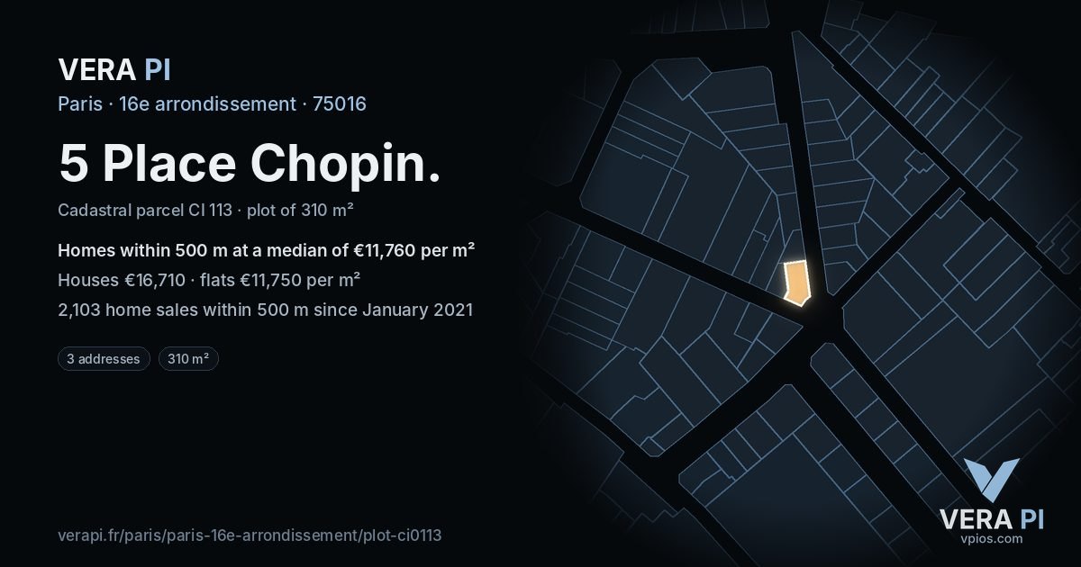5 Place Chopin, 16e arrondissement at night – the plot lit, the parcels around coloured by the prices near them