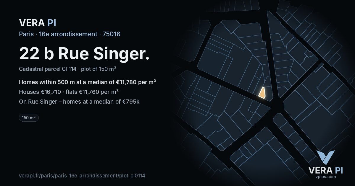 22 b Rue Singer, 16e arrondissement at night – the plot lit, the parcels around coloured by the prices near them