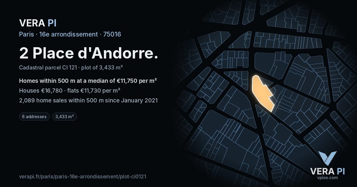 2 Place d'Andorre, 16e arrondissement at night – the plot lit, the parcels around coloured by the prices near them