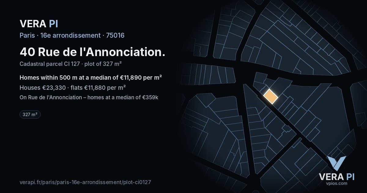 40 Rue de l'Annonciation, 16e arrondissement at night – the plot lit, the parcels around coloured by the prices near them