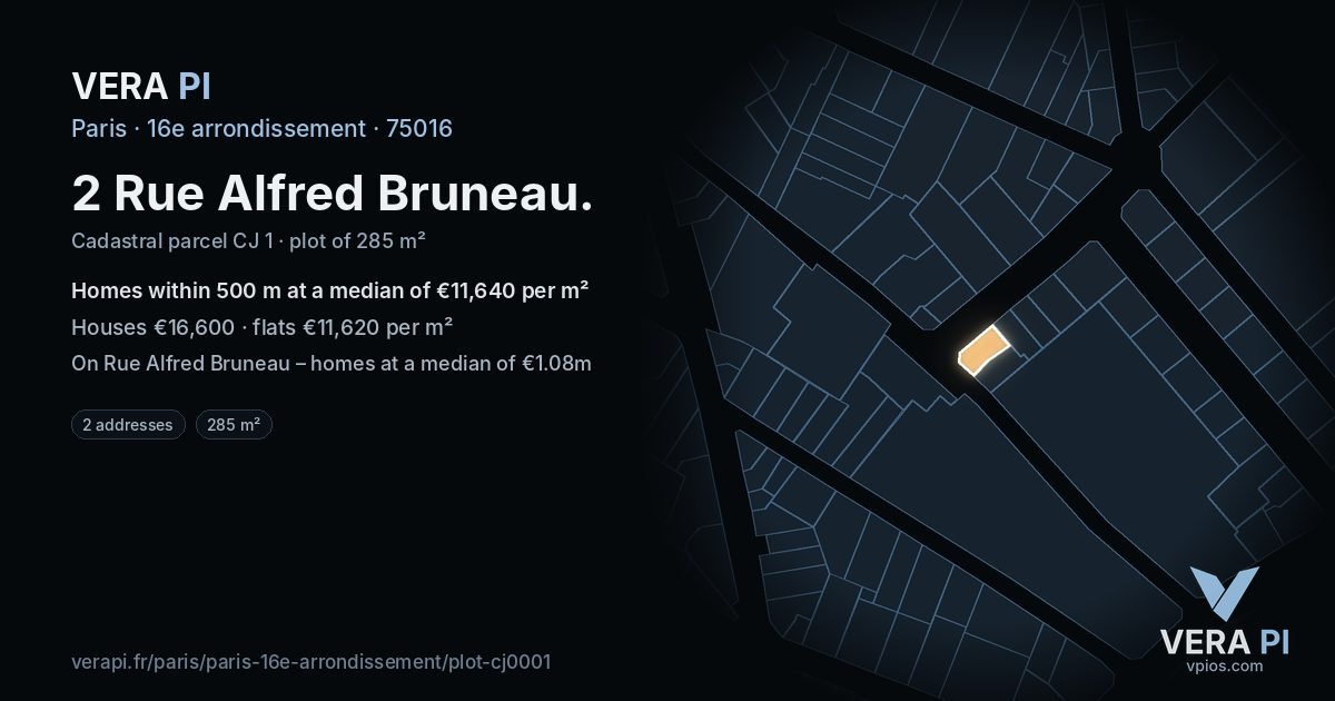 2 Rue Alfred Bruneau, 16e arrondissement at night – the plot lit, the parcels around coloured by the prices near them