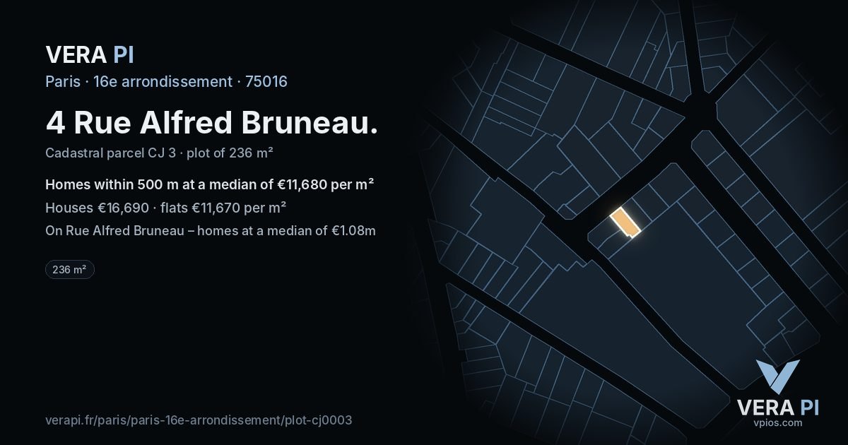 4 Rue Alfred Bruneau, 16e arrondissement at night – the plot lit, the parcels around coloured by the prices near them