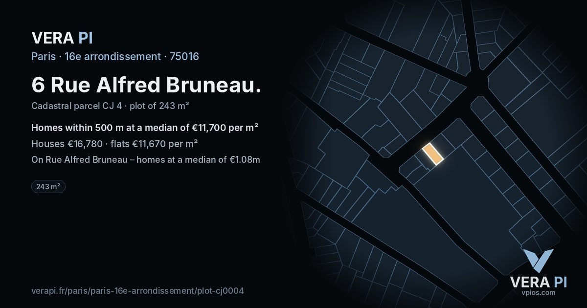 6 Rue Alfred Bruneau, 16e arrondissement at night – the plot lit, the parcels around coloured by the prices near them