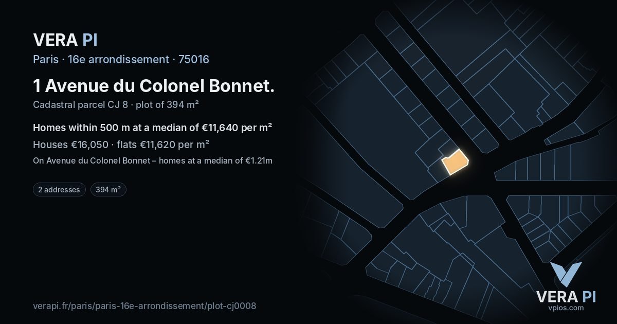 1 Avenue du Colonel Bonnet, 16e arrondissement at night – the plot lit, the parcels around coloured by the prices near them