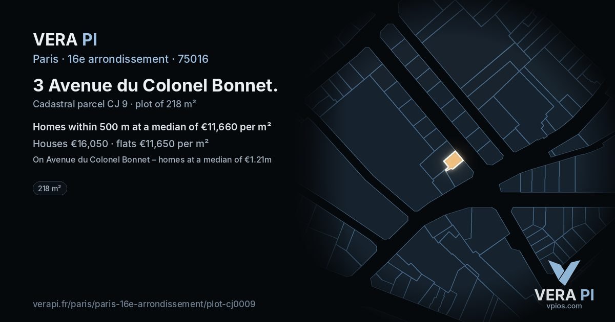 3 Avenue du Colonel Bonnet, 16e arrondissement at night – the plot lit, the parcels around coloured by the prices near them