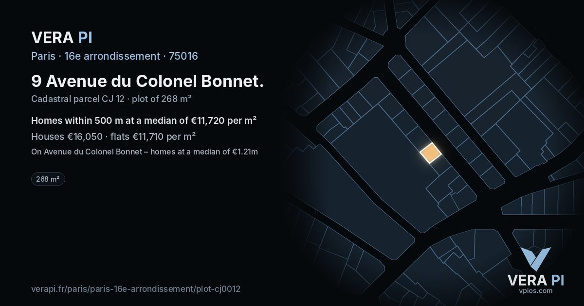 9 Avenue du Colonel Bonnet, 16e arrondissement at night – the plot lit, the parcels around coloured by the prices near them