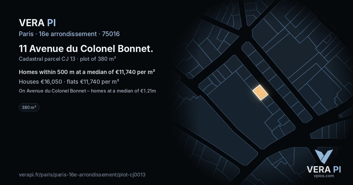 11 Avenue du Colonel Bonnet, 16e arrondissement at night – the plot lit, the parcels around coloured by the prices near them