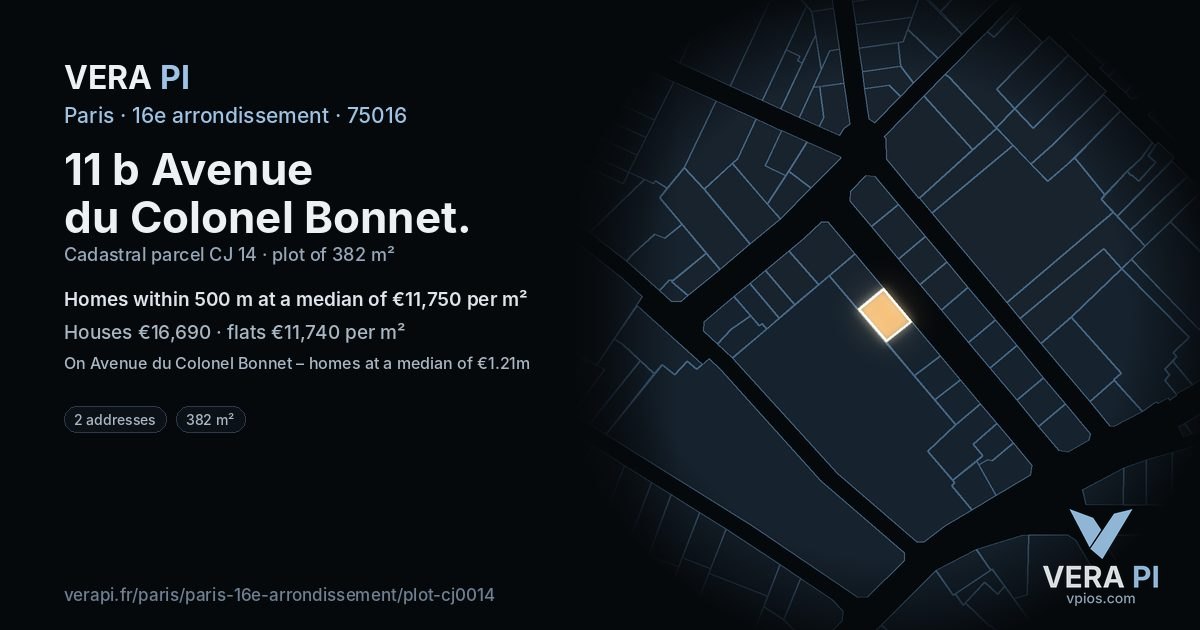 11 b Avenue du Colonel Bonnet, 16e arrondissement at night – the plot lit, the parcels around coloured by the prices near them