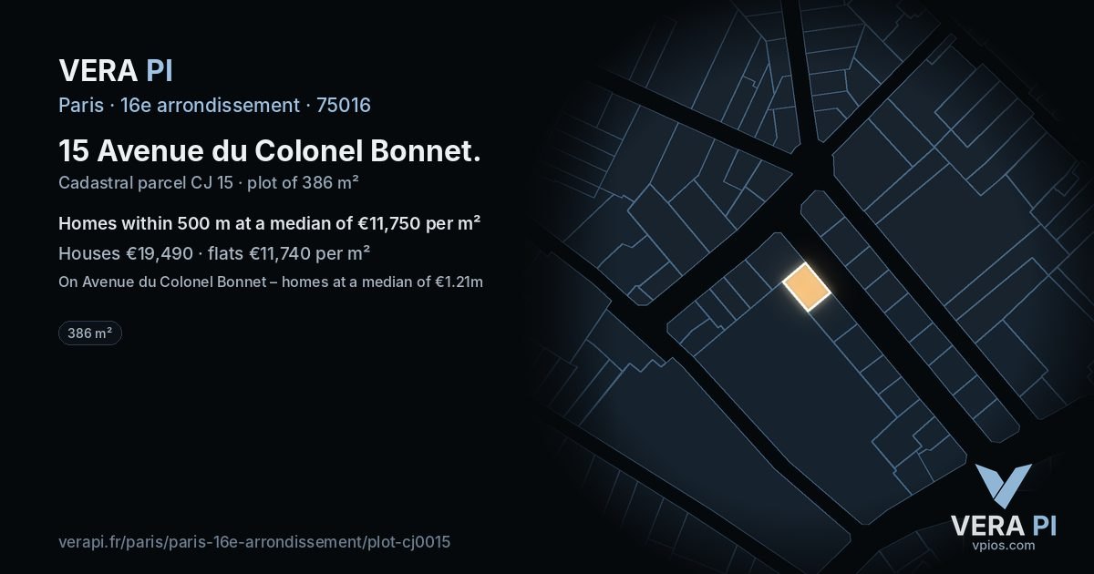 15 Avenue du Colonel Bonnet, 16e arrondissement at night – the plot lit, the parcels around coloured by the prices near them